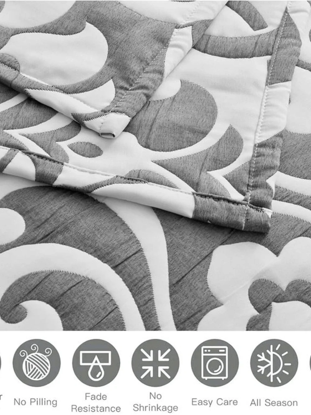 Gray and White Damask oversized king 5 piece quilt Set